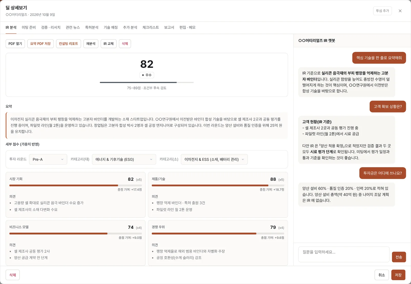 제품 화면 예시: 가상 기업의 IR 분석 탭 — 종합 점수와 등급, 요약, 평가 영역별 점수와 의견, 오른쪽에 IR 내용으로 답하는 챗봇 대화